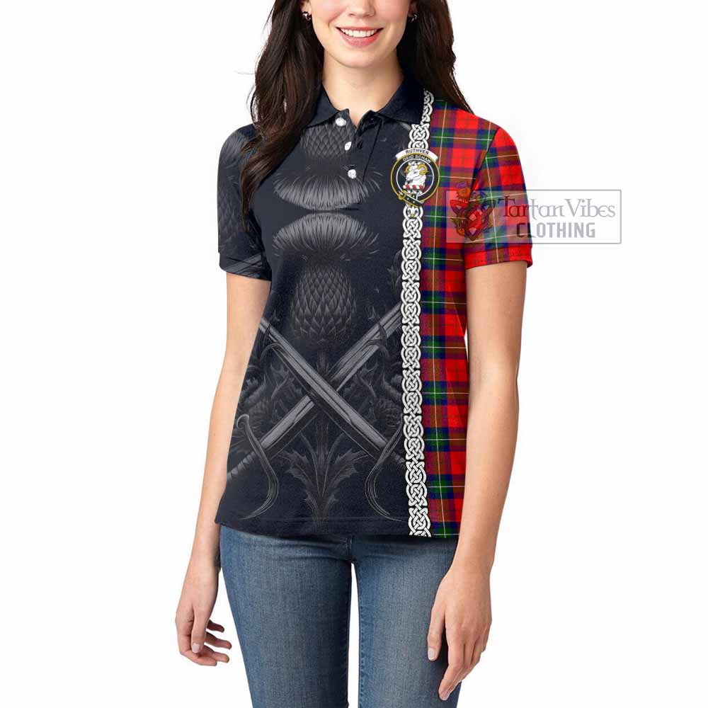 Ruthven Tartan Women's Polo Shirt with Family Crest Cross Sword Thistle Celtic Vibes - Tartan Vibes Clothing