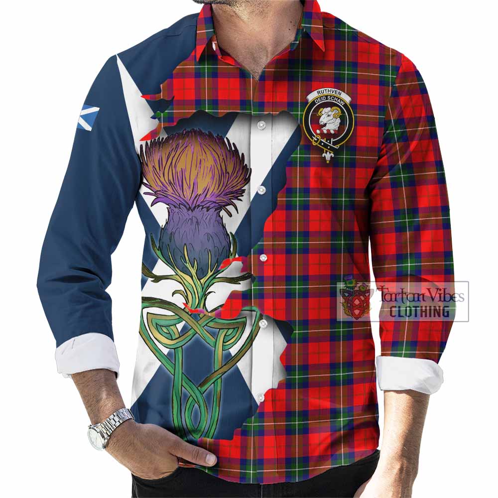 Tartan Vibes Clothing Ruthven Tartan Family Crest Long Sleeve Button Shirt Scottish Thistle Celtic Inspired