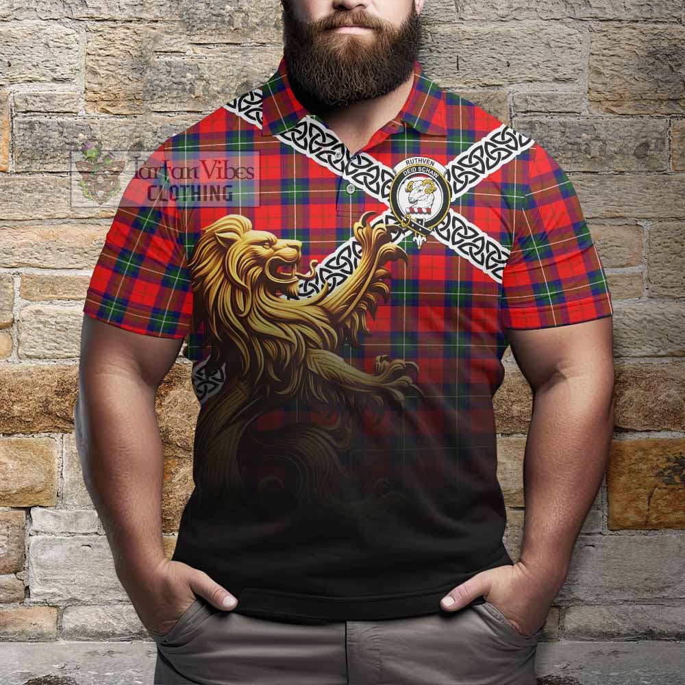 Ruthven Crest Tartan Polo Shirt with Golden Lion Emblem Celtic Style - Tartan Vibes Clothing