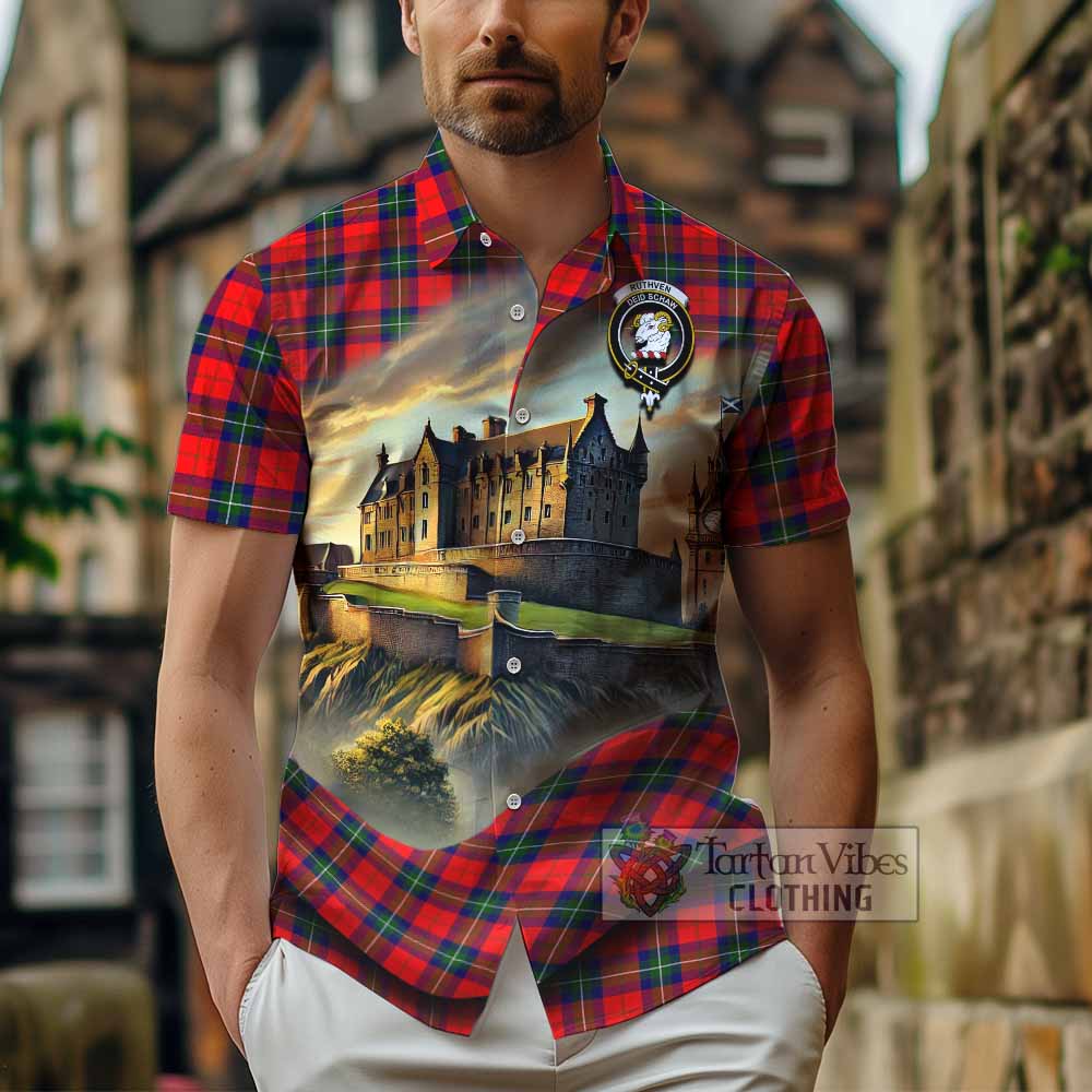 Ruthven Tartan Family Crest Hawaiian Shirt with Scottish Ancient Castle Style - Tartan Vibes Clothing
