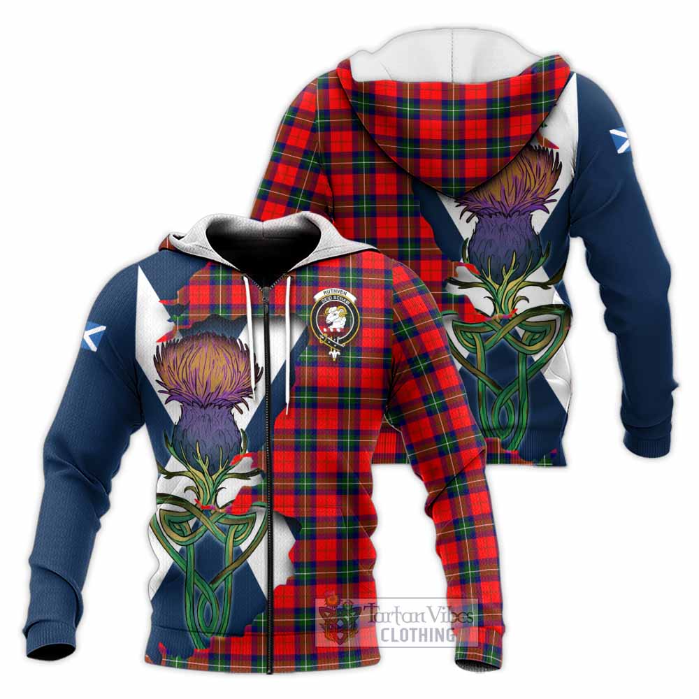 Tartan Vibes Clothing Ruthven Tartan Family Crest Knitted Hoodie Scottish Thistle Celtic Inspired
