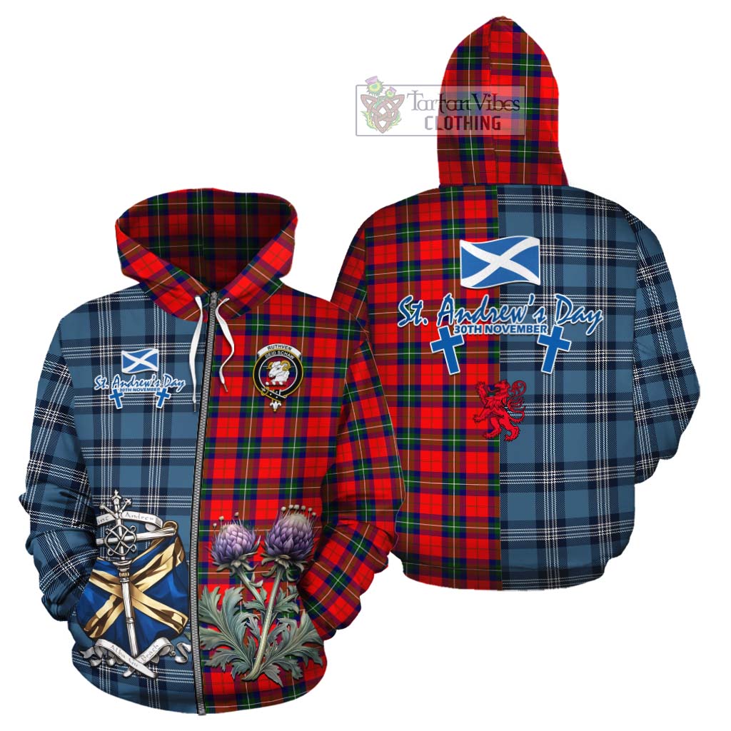 Ruthven Tartan Cotton Hoodie Happy St. Andrew's Day Half Tartan Style - Tartan Vibes Clothing