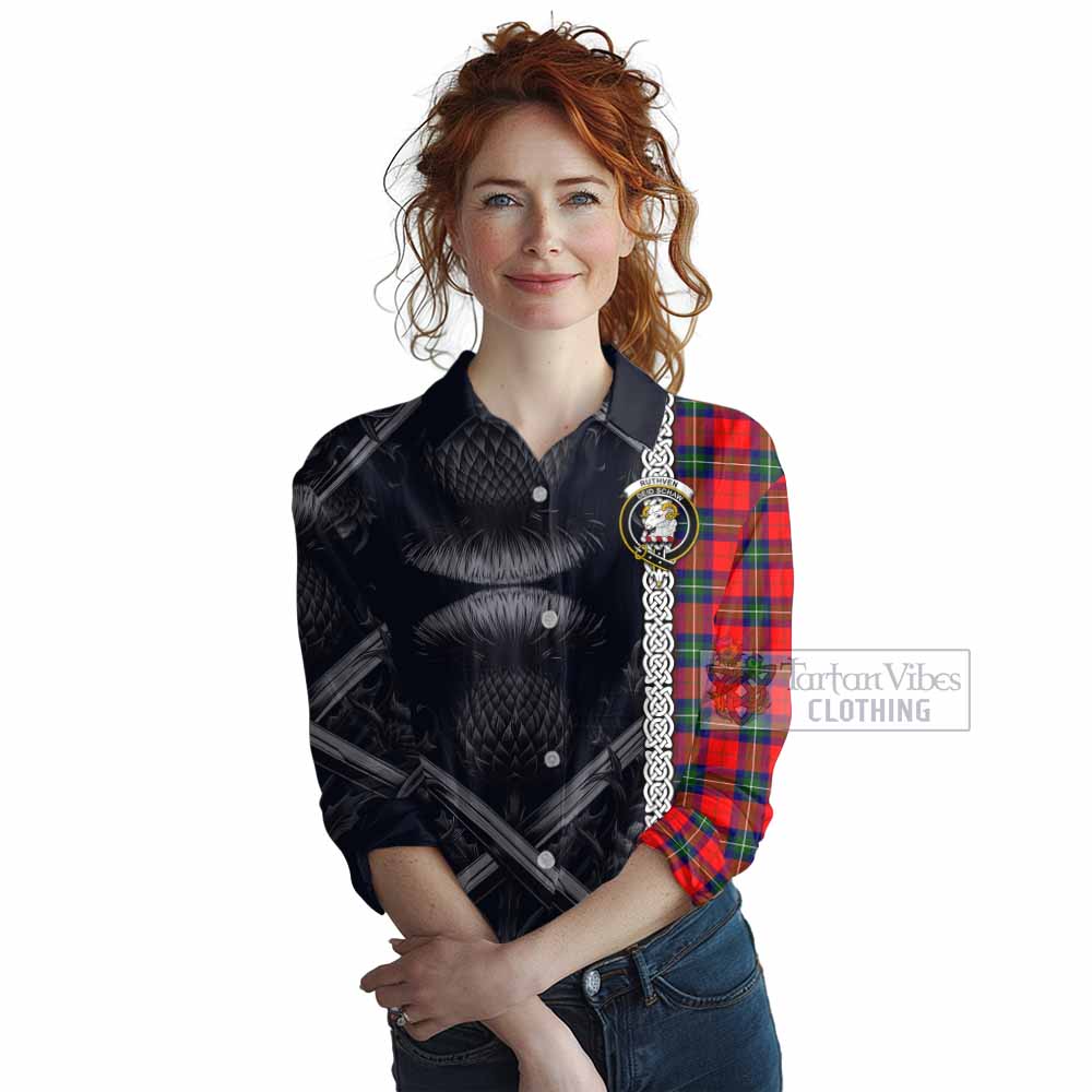 Ruthven Tartan Women's Casual Shirt with Family Crest Cross Sword Thistle Celtic Vibes - Tartan Vibes Clothing