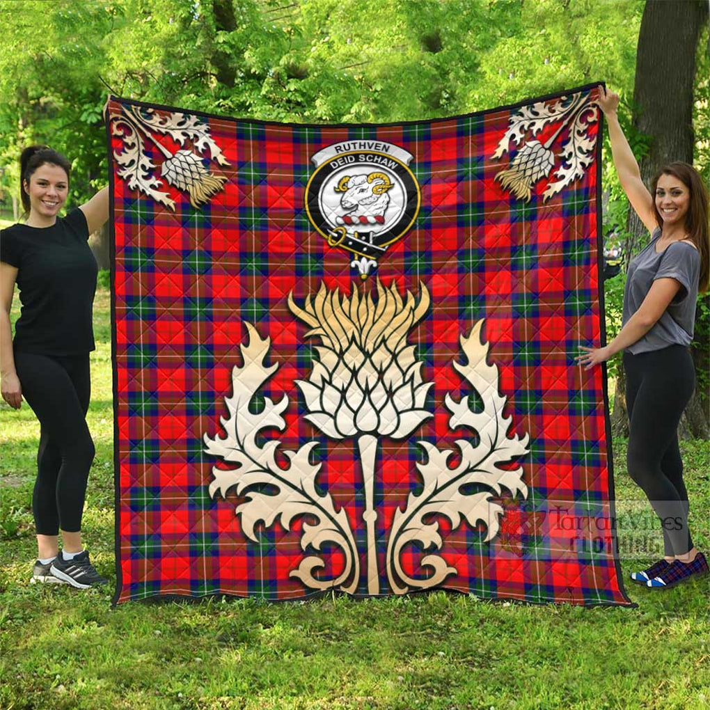 Tartan Vibes Clothing Ruthven Tartan Quilt with Family Crest and Golden Thistle Style