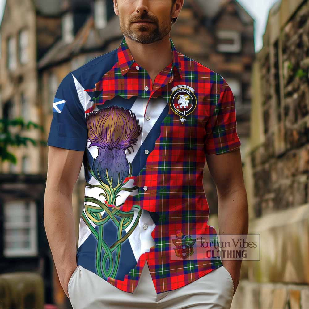 Tartan Vibes Clothing Ruthven Tartan Family Crest Short Sleeve Button Shirt Scottish Thistle Celtic Inspired