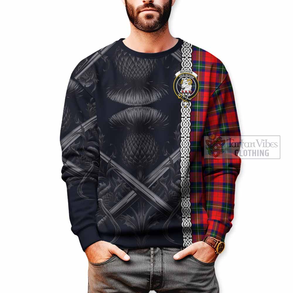 Ruthven Tartan Sweatshirt with Family Crest Cross Sword Thistle Celtic Vibes - Tartan Vibes Clothing