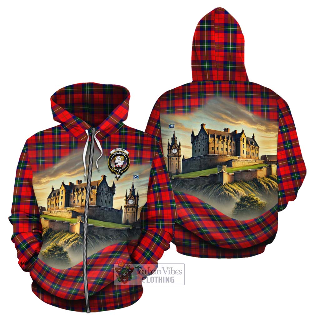 Ruthven Tartan Family Crest Cotton Hoodie with Scottish Ancient Castle Style Zip Hoodie - Tartan Vibes Clothing