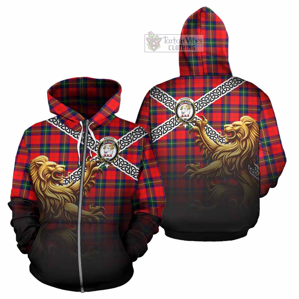 Ruthven Crest Tartan Hoodie with Golden Lion Emblem Celtic Style Zip Hoodie - Tartan Vibes Clothing