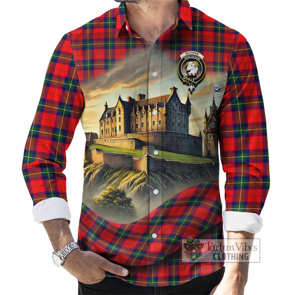 Tartan Vibes Clothing Ruthven Tartan Family Crest Long Sleeve Button Shirt with Scottish Ancient Castle Style