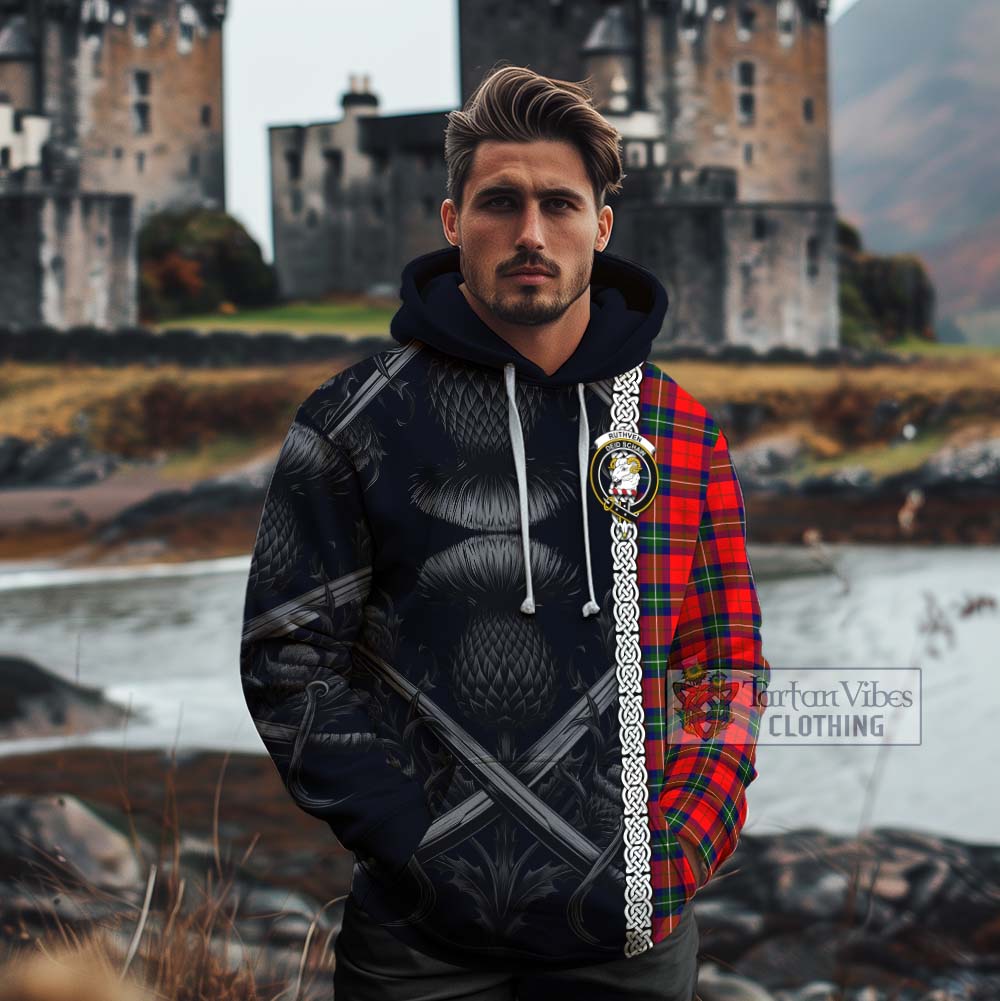 Ruthven Tartan Cotton Hoodie with Family Crest Cross Sword Thistle Celtic Vibes - Tartan Vibes Clothing