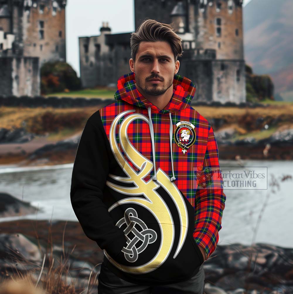 Ruthven Tartan Cotton Hoodie with Family Crest and Celtic Symbol Style - Tartan Vibes Clothing