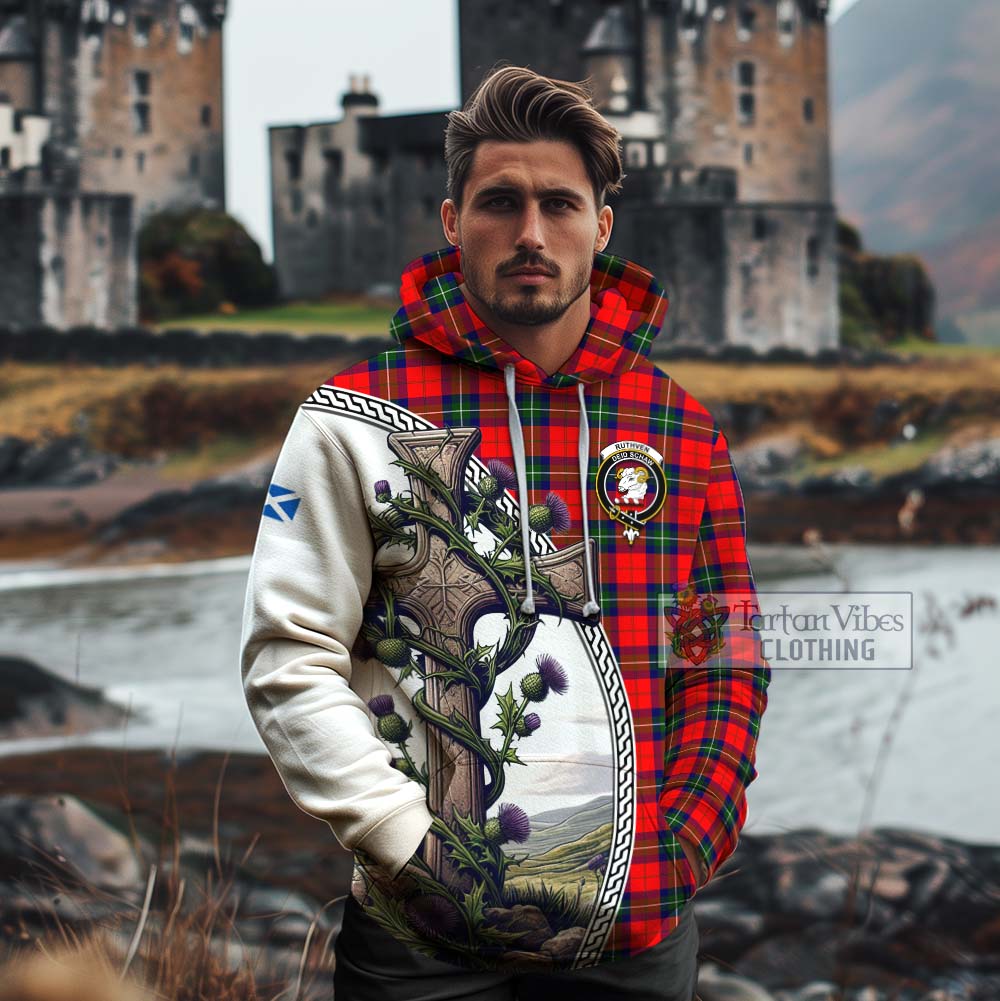 Tartan Vibes Clothing Ruthven Tartan Cotton Hoodie with Family Crest and St. Andrew's Cross Accented by Thistle Vines