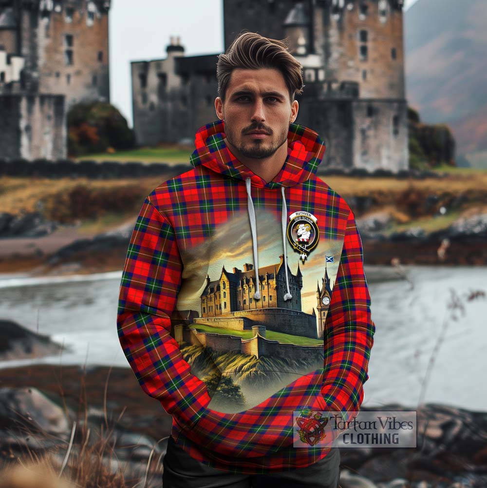 Ruthven Tartan Family Crest Cotton Hoodie with Scottish Ancient Castle Style - Tartan Vibes Clothing