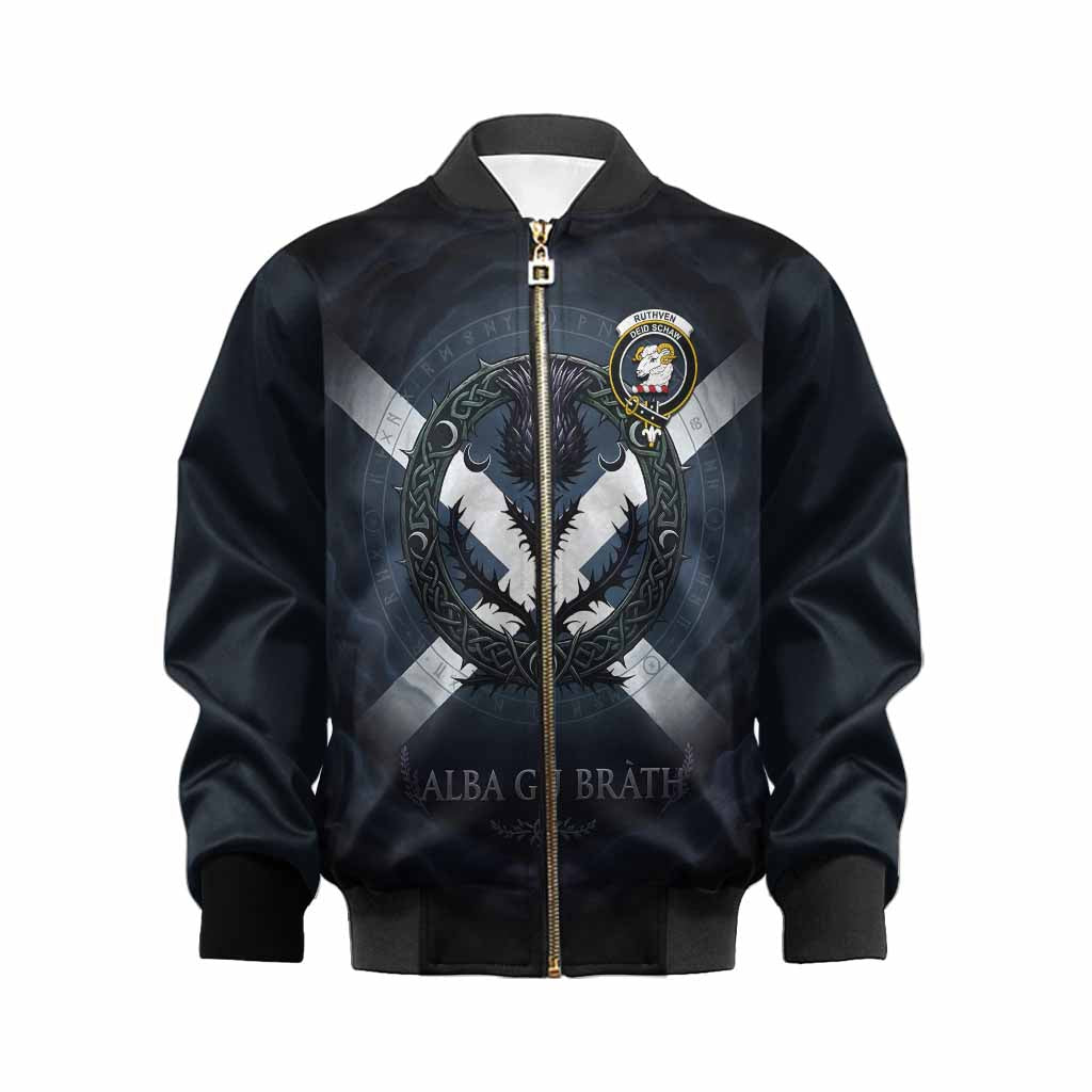 Ruthven Clan Crest Kid Bomber Jacket with Celtic Knot Thistle and Saltire Kid XS - Tartan Vibes Clothing
