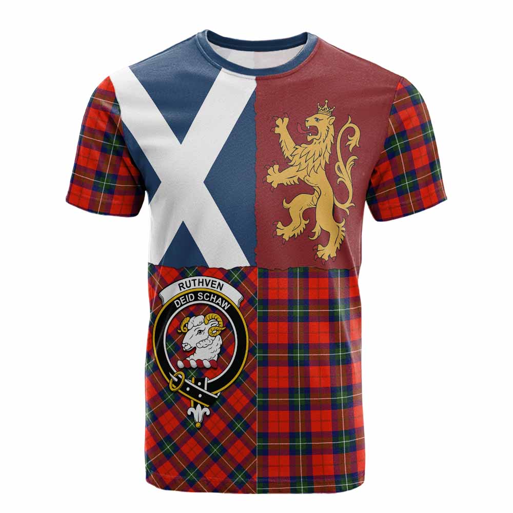 Ruthven Crest Tartan Cotton T-shirt with Lion Rampant Saltire Style - Tartan Vibes Clothing