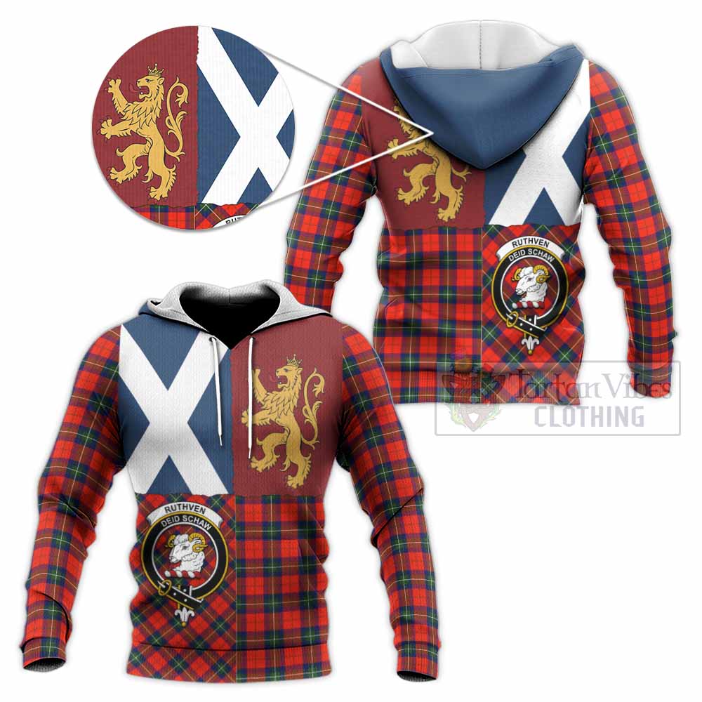 Ruthven Crest Tartan Knitted Hoodie with Lion Rampant Saltire Style