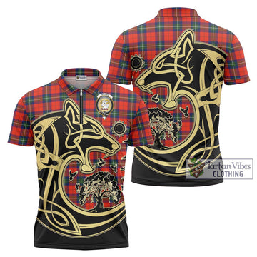 Ruthven Tartan Zipper Polo Shirt with Family Crest Celtic Wolf Style Unisex - Tartan Vibes Clothing