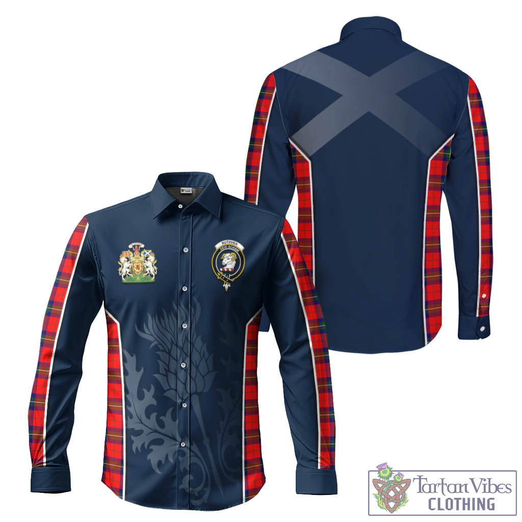 Ruthven Tartan Long Sleeve Button Up Shirt with Family Crest and Scottish Thistle Vibes Sport Style Men's Shirt - Tartan Vibes Clothing