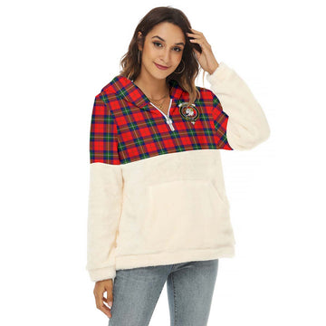Ruthven Tartan Half Style Women's Borg Fleece Hoodie with Half Zip with Family Crest Female - Tartan Vibes Clothing
