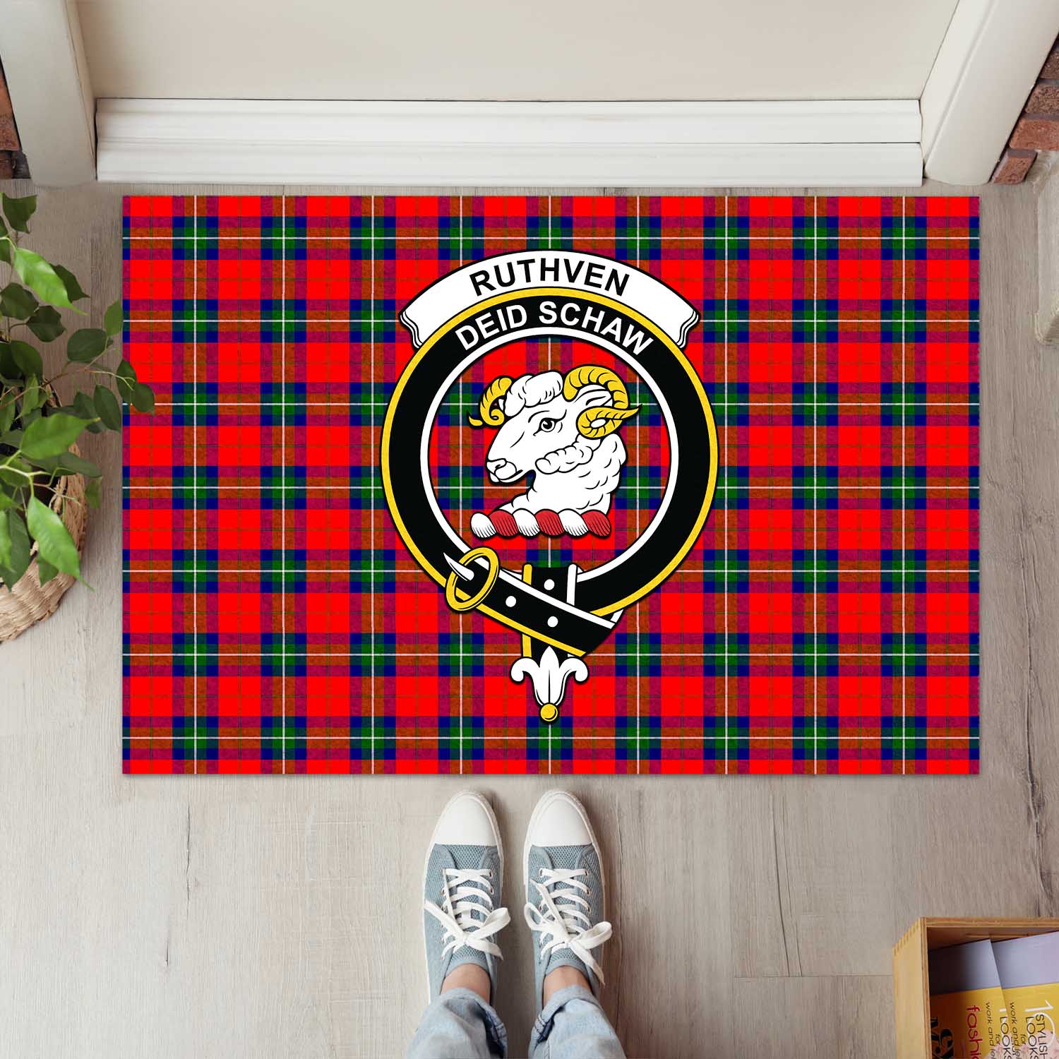 Ruthven Modern Tartan Door Mat with Family Crest - Tartanvibesclothing Shop