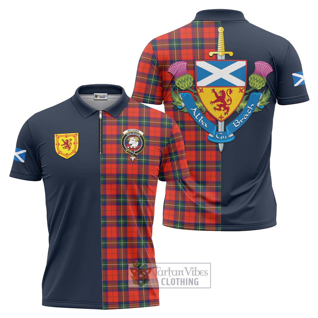 Ruthven Tartan Zipper Polo Shirt Alba with Scottish Lion Royal Arm Half Style Unisex - Tartan Vibes Clothing