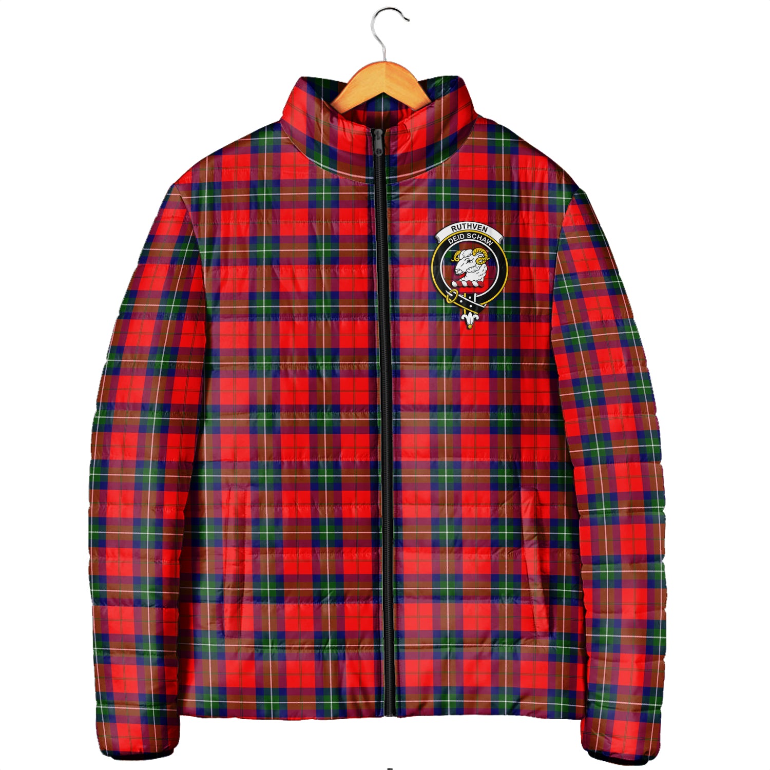 Ruthven Tartan Padded Jacket with Family Crest Men's Padded Jacket - Tartan Vibes Clothing