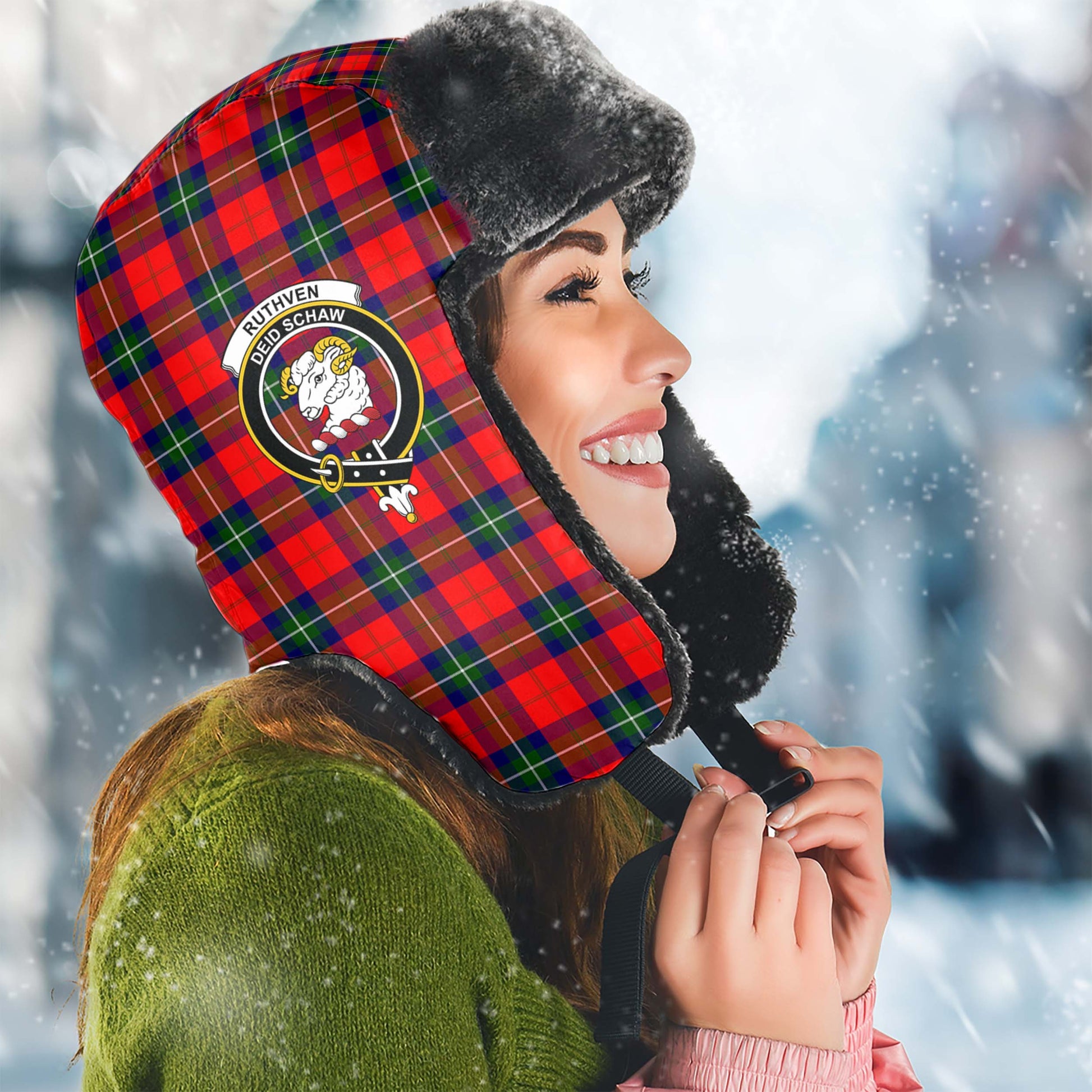 Ruthven Tartan Winter Trapper Hat with Family Crest Winter Trapper Hat Universal Fit Circumference 22.8in (58cm) - Tartan Vibes Clothing