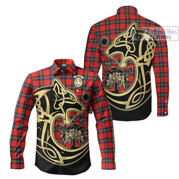 Ruthven Tartan Long Sleeve Button Shirt with Family Crest Celtic Wolf Style Men's Shirt S - Tartan Vibes Clothing