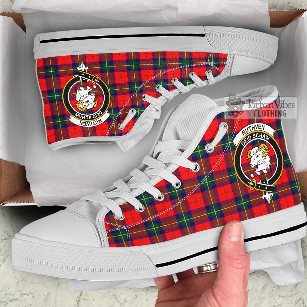 Ruthven Tartan High Top Shoes with Family Crest Kid High Top - White Sole - Tartan Vibes Clothing