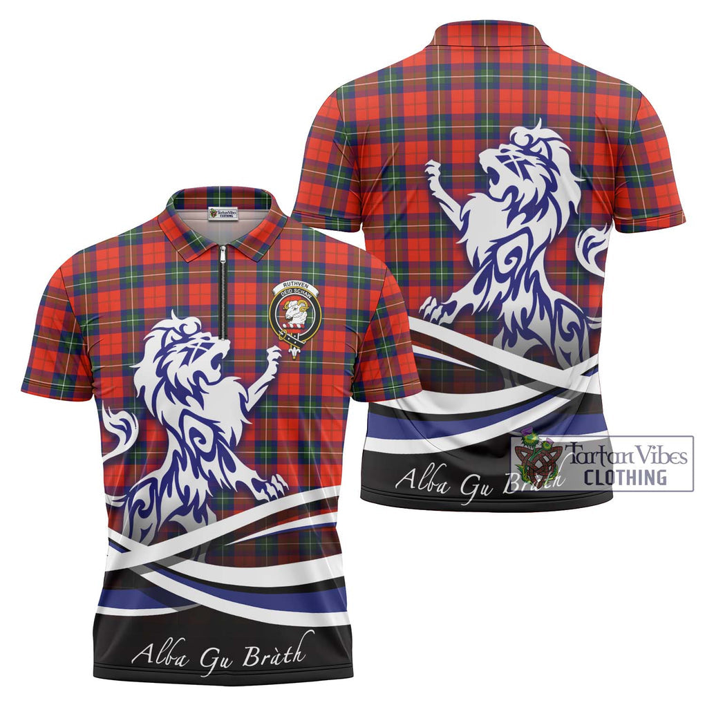 Ruthven Tartan Zipper Polo Shirt with Alba Gu Brath Regal Lion Emblem Unisex - Tartan Vibes Clothing