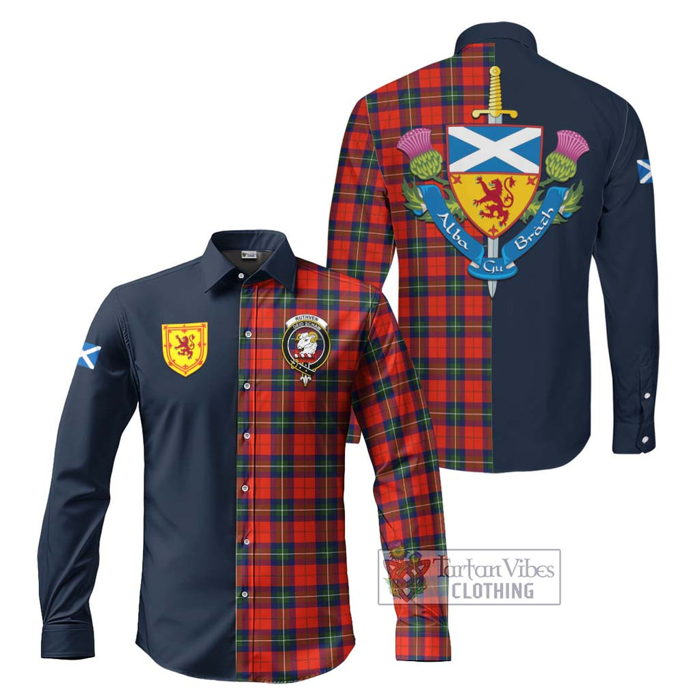Ruthven Tartan Long Sleeve Button Shirt Alba with Scottish Lion Royal Arm Half Style Men's Shirt S - Tartan Vibes Clothing