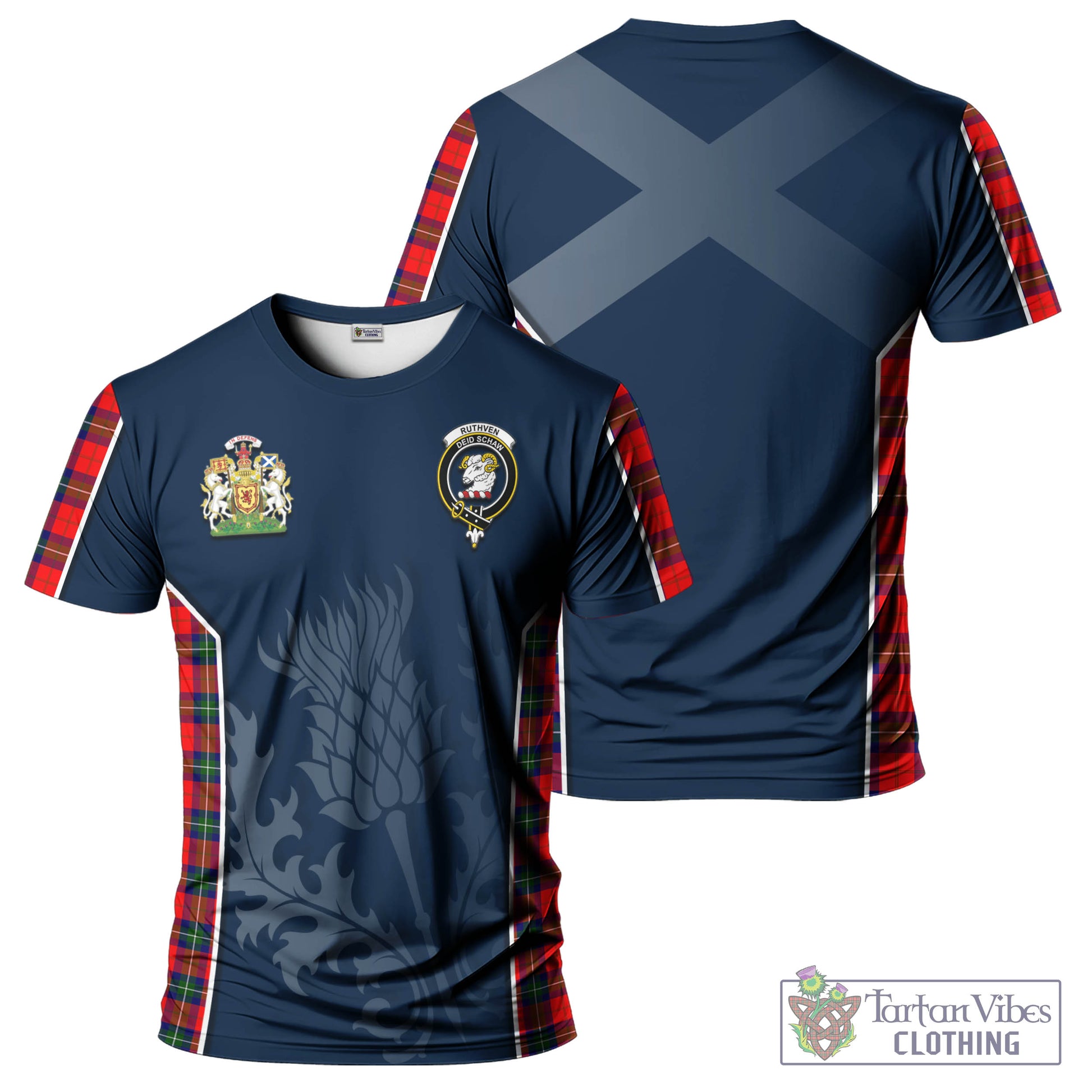 Tartan Vibes Clothing Ruthven Modern Tartan T-Shirt with Family Crest and Scottish Thistle Vibes Sport Style