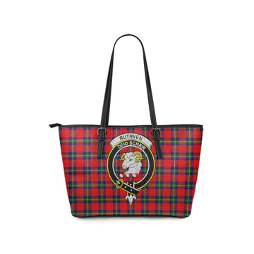 Ruthven Tartan Leather Tote Bag with Family Crest - Tartan Vibes Clothing