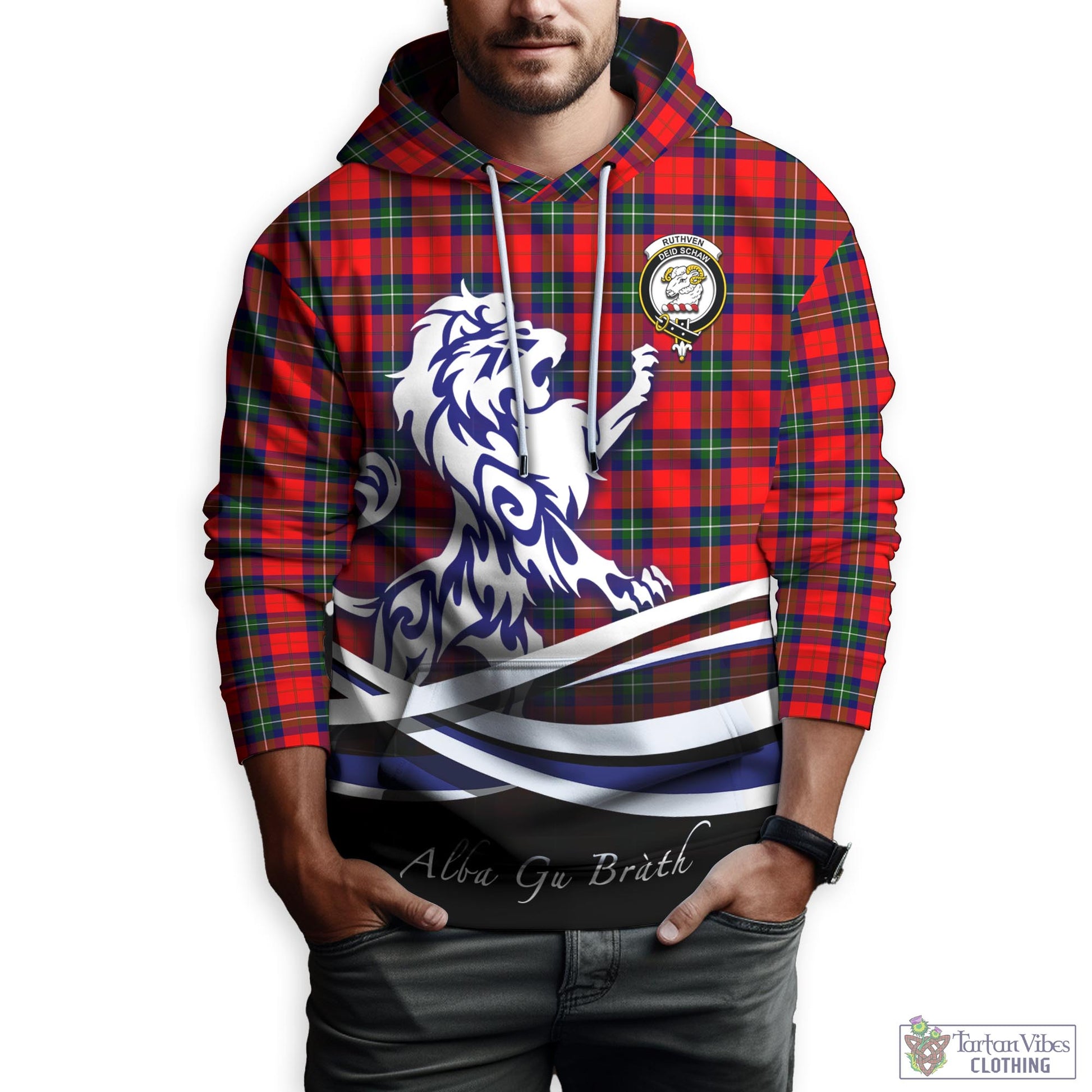 Ruthven Tartan Hoodie with Alba Gu Brath Regal Lion Emblem Zip Hoodie - Tartan Vibes Clothing