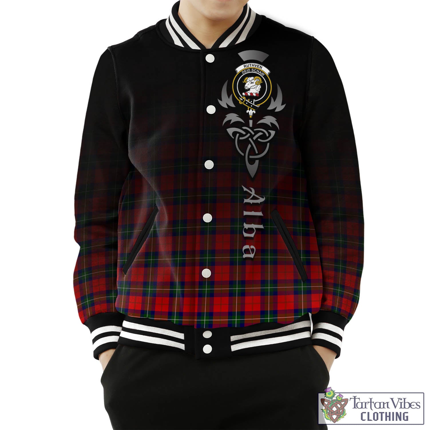 Ruthven Tartan Baseball Jacket Featuring Alba Gu Brath Family Crest Celtic Inspired Unisex - Tartan Vibes Clothing