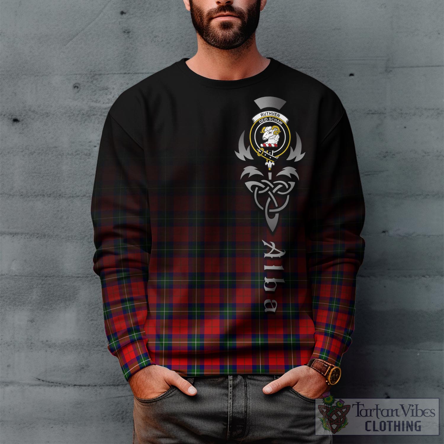 Ruthven Tartan Sweatshirt Featuring Alba Gu Brath Family Crest Celtic Inspired Unisex - Tartan Vibes Clothing