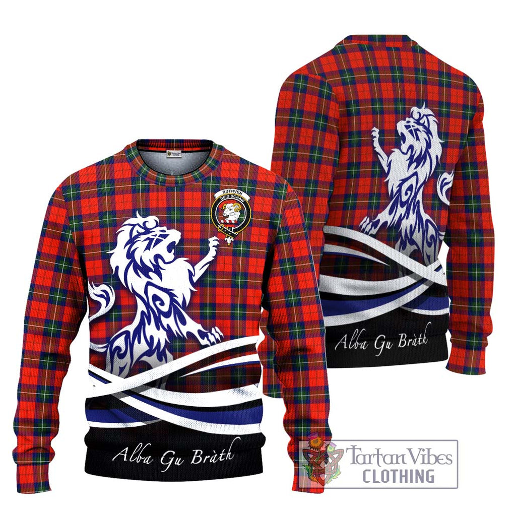 Ruthven Tartan Ugly Sweater with Alba Gu Brath Regal Lion Emblem Unisex - Tartan Vibes Clothing