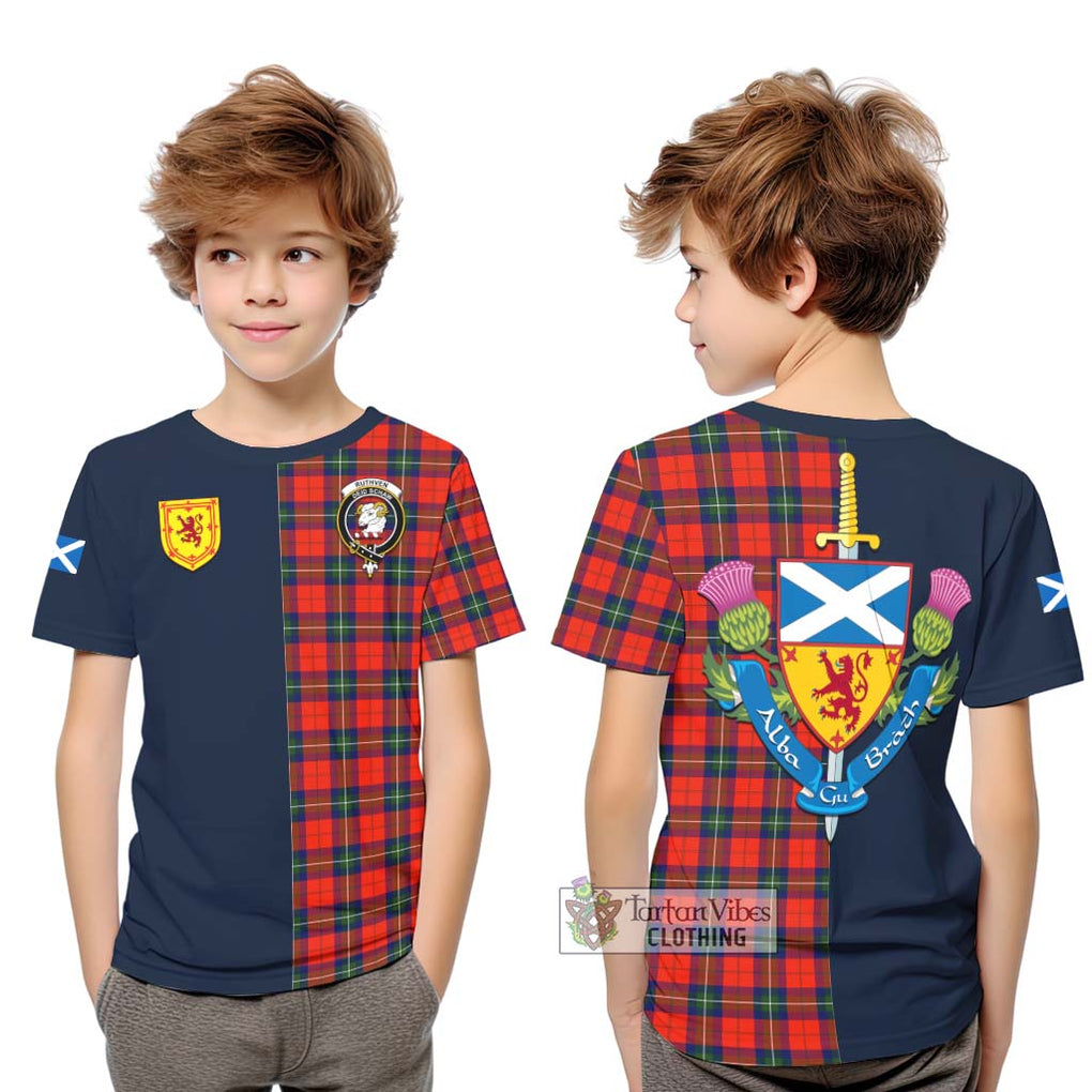 Ruthven Tartan Kid T-Shirt Alba with Scottish Lion Royal Arm Half Style Youth XL Size14 - Tartan Vibes Clothing
