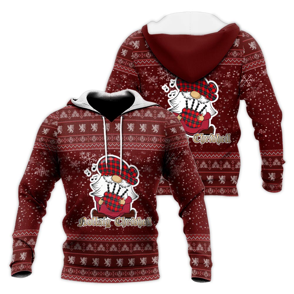 Ruthven Modern Clan Christmas Knitted Hoodie with Funny Gnome Playing Bagpipes Red - Tartanvibesclothing