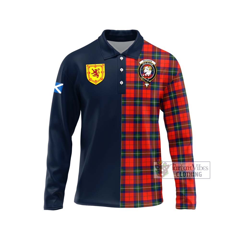 Ruthven Tartan Long Sleeve Polo Shirt Alba with Scottish Lion Royal Arm Half Style Unisex - Tartan Vibes Clothing