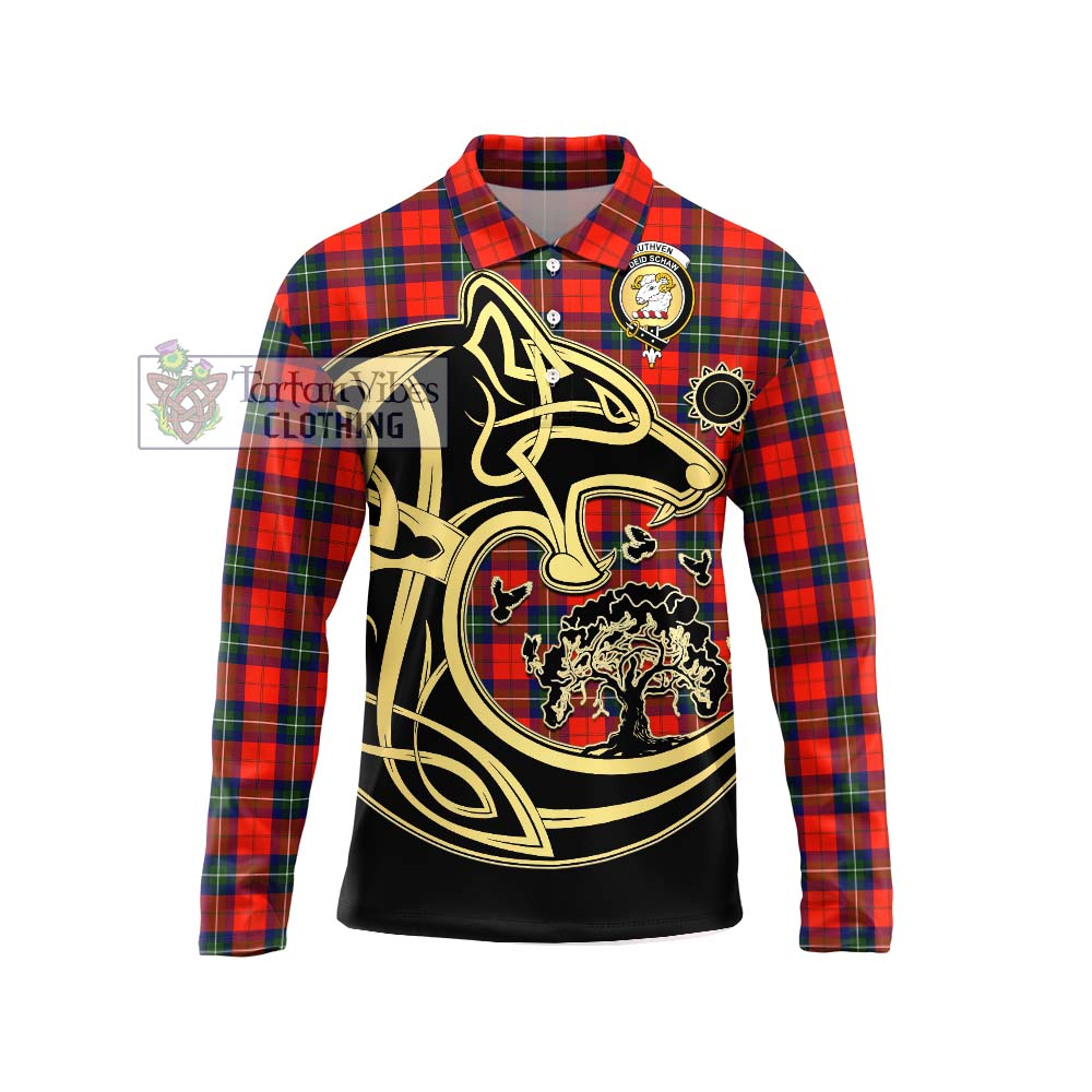 Ruthven Tartan Long Sleeve Polo Shirt with Family Crest Celtic Wolf Style Unisex - Tartan Vibes Clothing