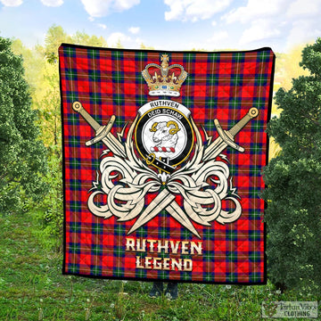 Ruthven Modern Tartan Quilt with Clan Crest and the Golden Sword of Courageous Legacy
