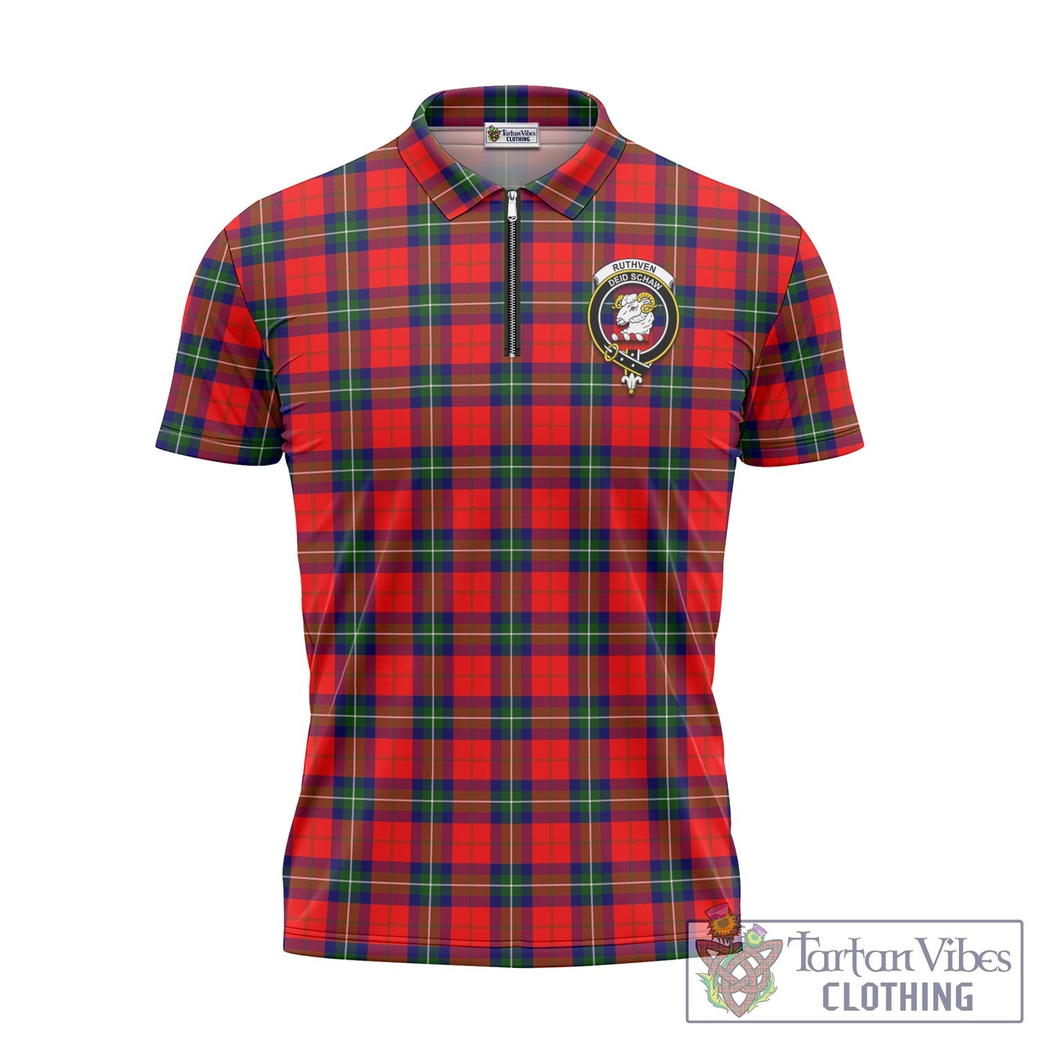 Ruthven Tartan Zipper Polo Shirt with Family Crest Unisex - Tartan Vibes Clothing