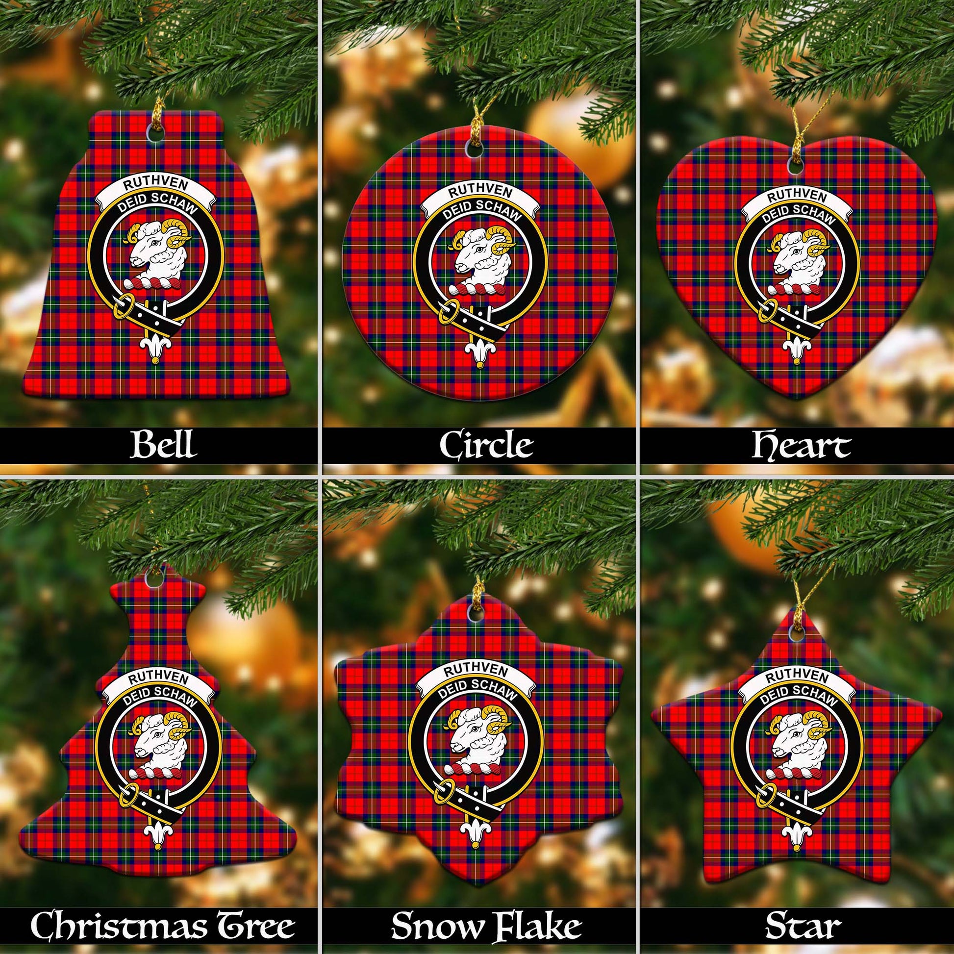 Ruthven Tartan Christmas Ceramic Ornaments with Family Crest Ceramic - Tartan Vibes Clothing