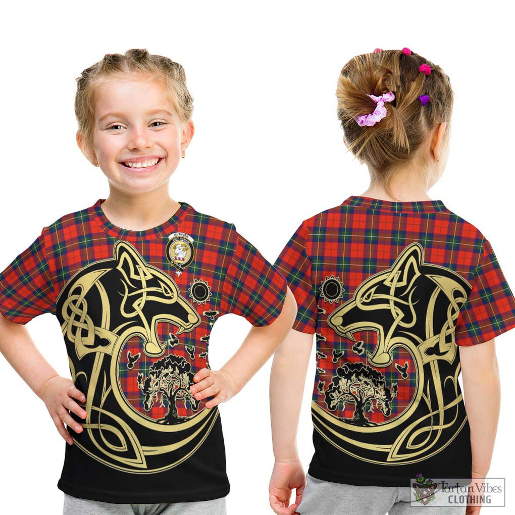 Ruthven Tartan Kid T-Shirt with Family Crest Celtic Wolf Style - Tartan Vibes Clothing