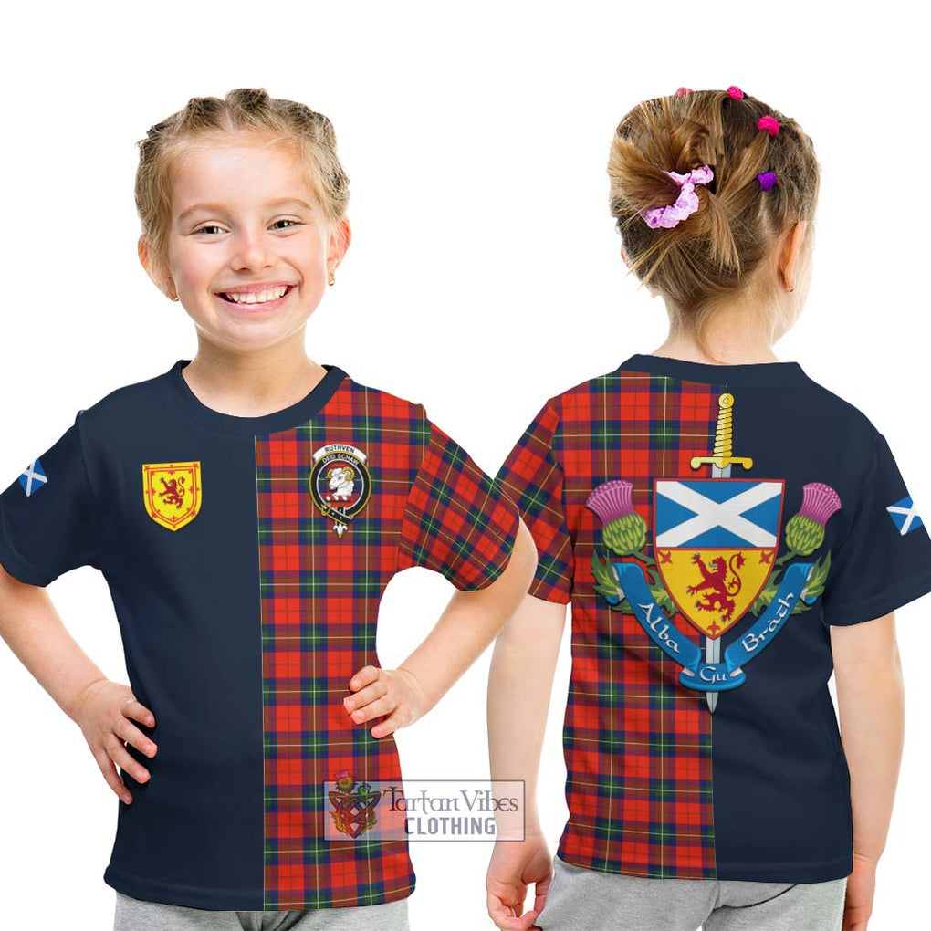 Ruthven Tartan Kid T-Shirt Alba with Scottish Lion Royal Arm Half Style - Tartan Vibes Clothing