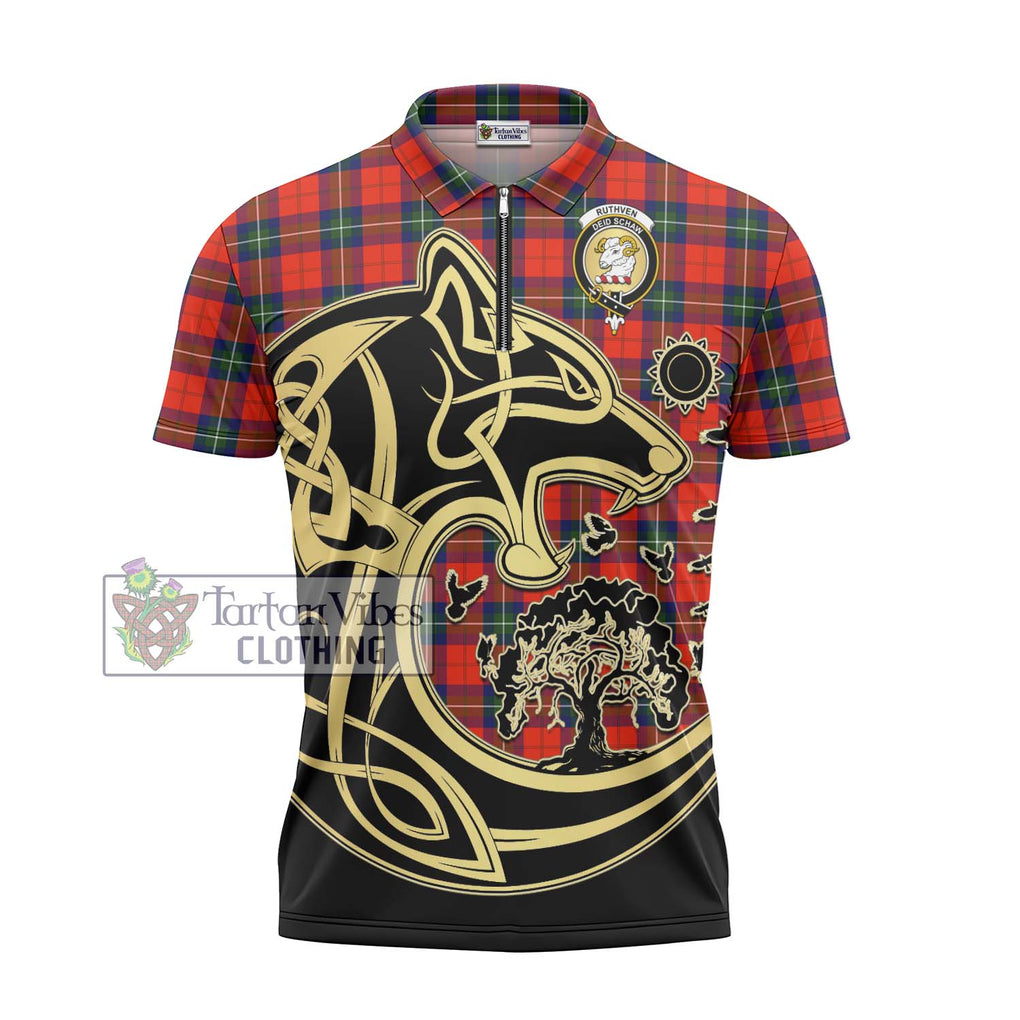 Ruthven Tartan Zipper Polo Shirt with Family Crest Celtic Wolf Style - Tartan Vibes Clothing