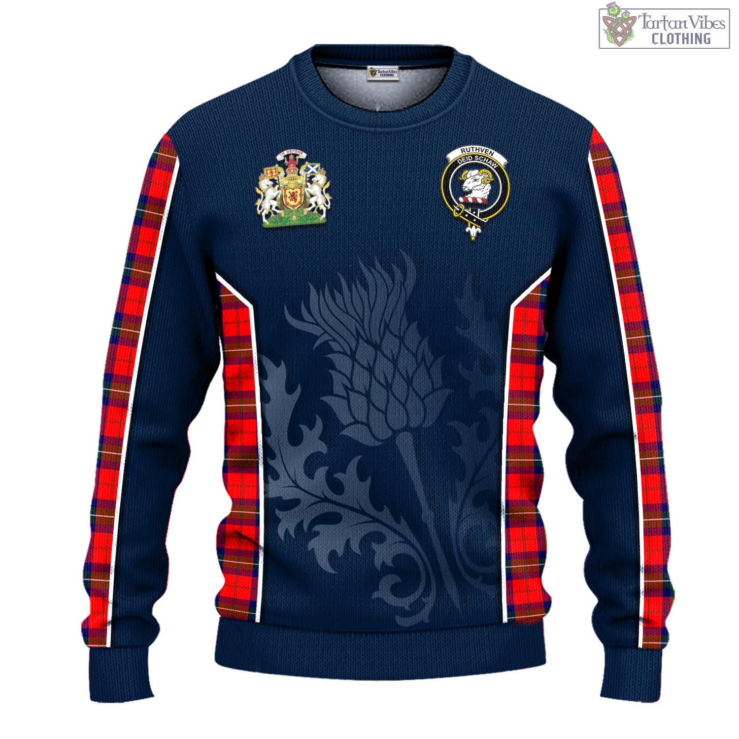 Tartan Vibes Clothing Ruthven Modern Tartan Knitted Sweatshirt with Family Crest and Scottish Thistle Vibes Sport Style