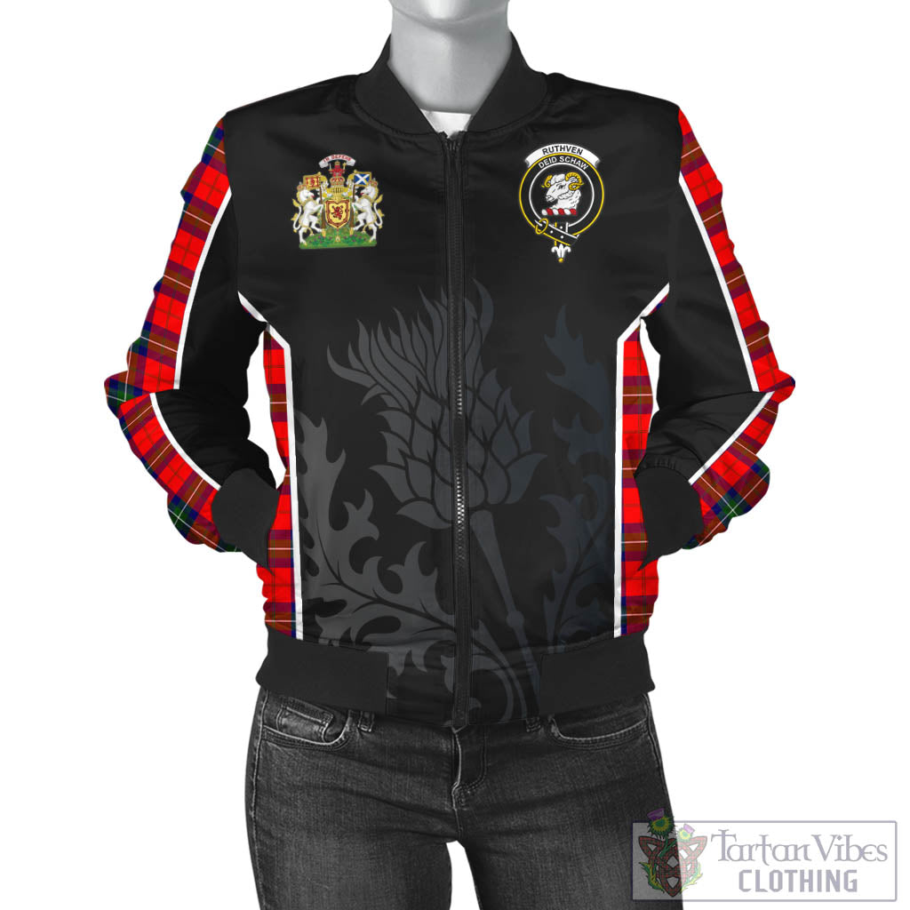 Tartan Vibes Clothing Ruthven Modern Tartan Bomber Jacket with Family Crest and Scottish Thistle Vibes Sport Style
