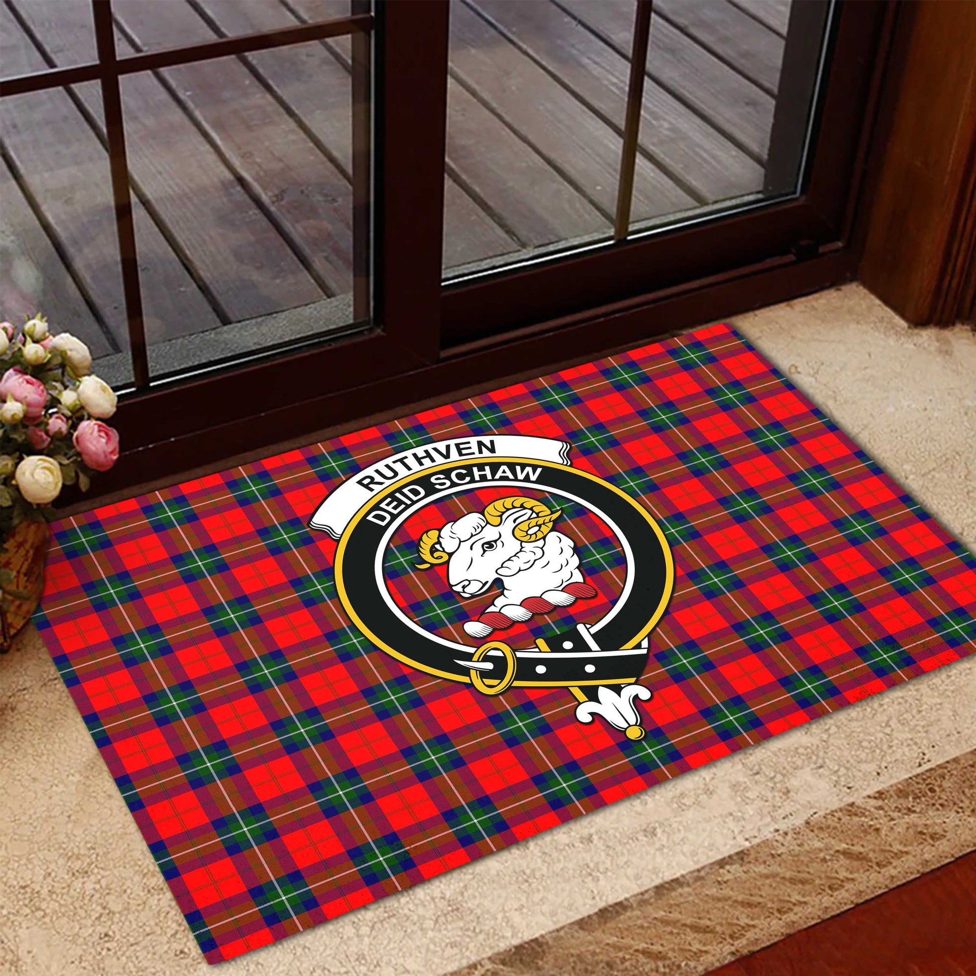 Ruthven Modern Tartan Door Mat with Family Crest - Tartanvibesclothing Shop
